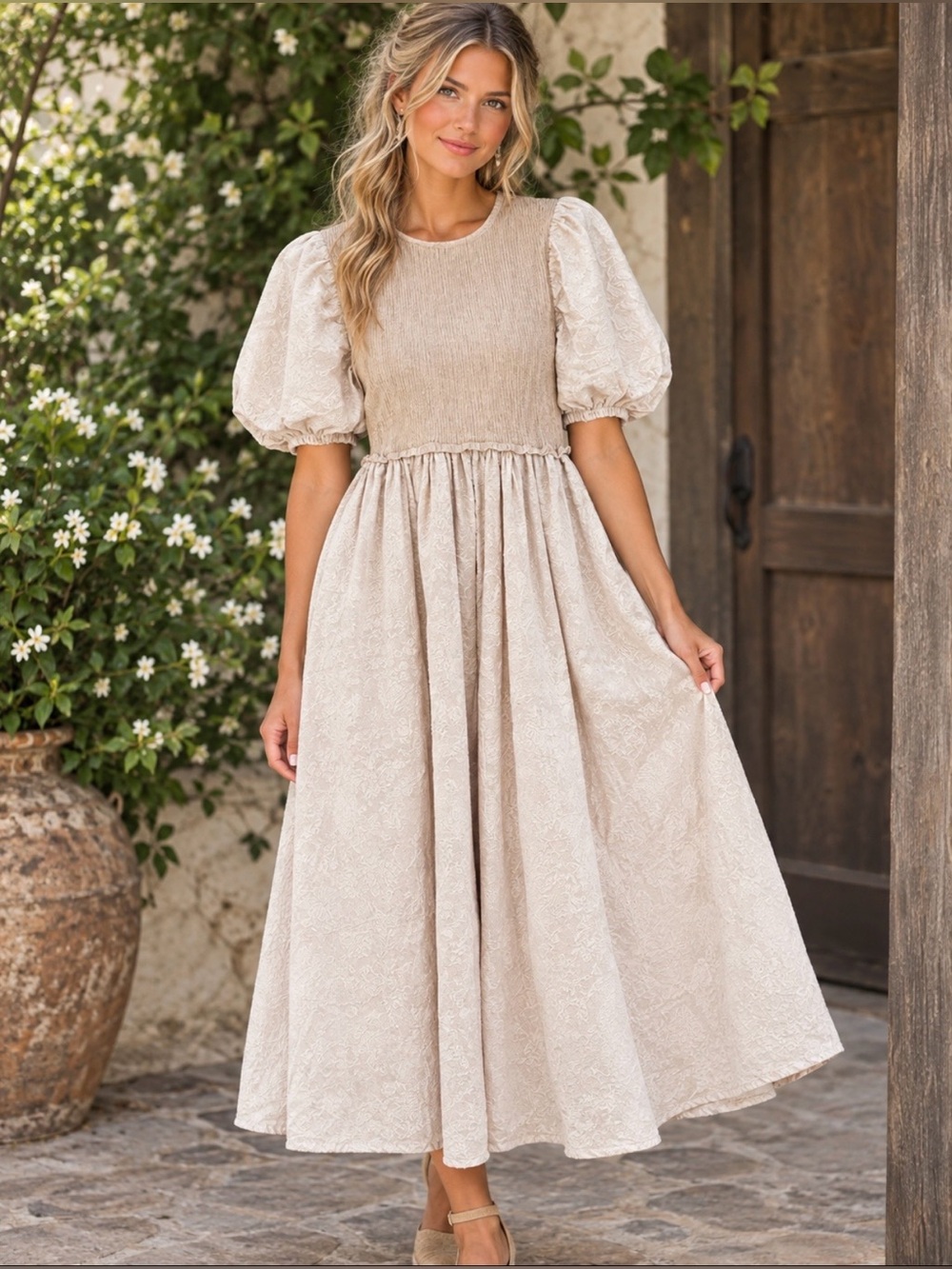 Romantic Cottagecore Neutral Puff-Sleeve Midi Dress In february - Women Small
